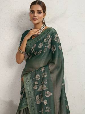 Green women floral embellished sequinned kanjivaram tissue saree 1