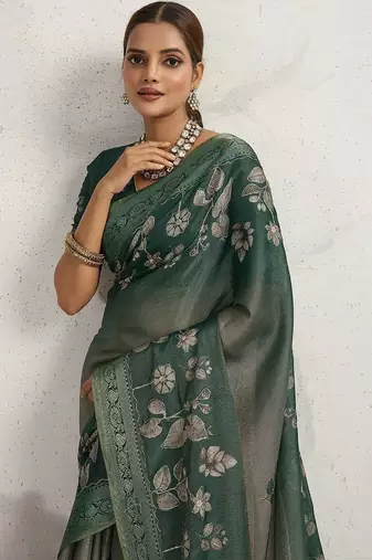 Green women floral embellished sequinned kanjivaram tissue saree