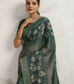 Green women floral embellished sequinned kanjivaram tissue saree