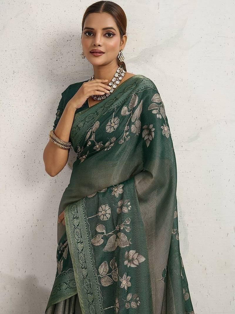 Green women floral embellished sequinned kanjivaram tissue saree