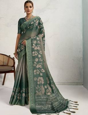 Green women floral embellished sequinned kanjivaram tissue saree 2