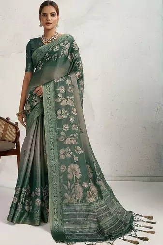 Green women floral embellished sequinned kanjivaram tissue saree