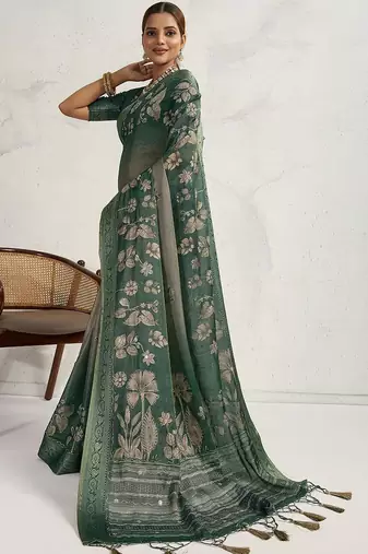 Green women floral embellished sequinned kanjivaram tissue saree