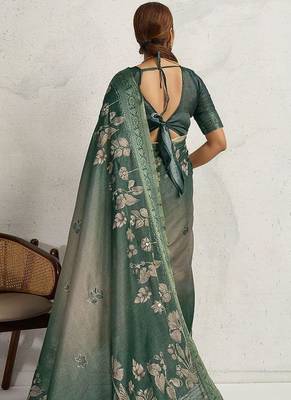 Green women floral embellished sequinned kanjivaram tissue saree 4