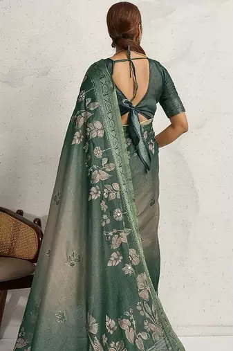 Green women floral embellished sequinned kanjivaram tissue saree