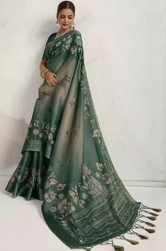 Green women floral embellished sequinned kanjivaram tissue saree
