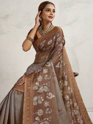 Brown floral sequinned tissue saree 1