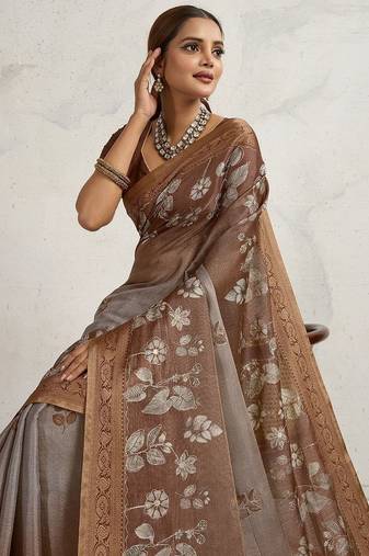 Brown floral sequinned tissue saree