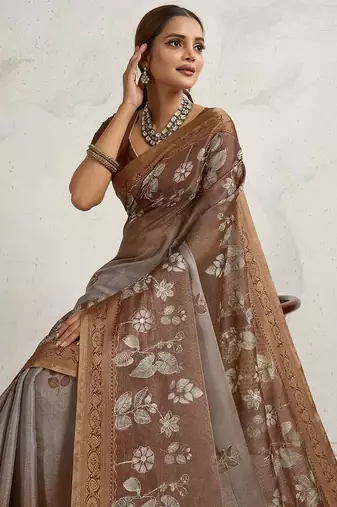 Brown floral sequinned tissue saree