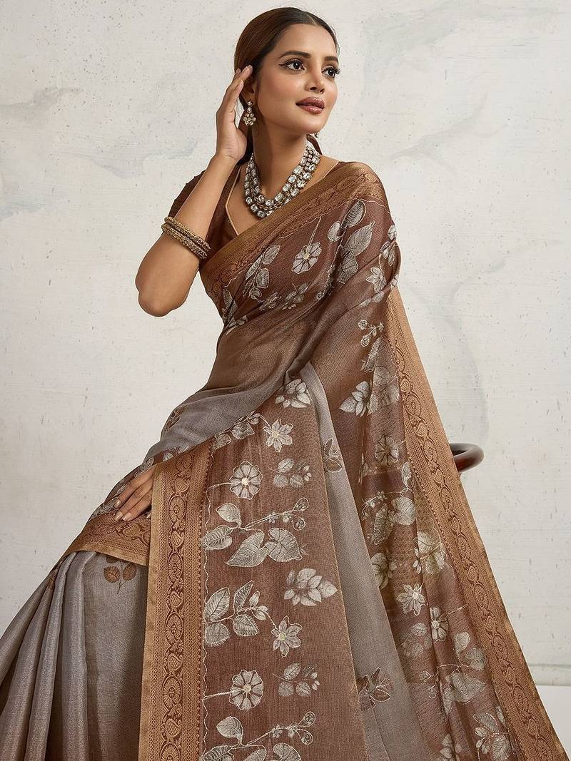 Brown floral sequinned tissue saree