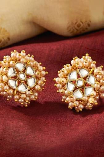 White lariya & kundan studded round stud earrings jewelry for women
