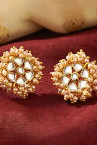 White lariya & kundan studded round stud earrings jewelry for women