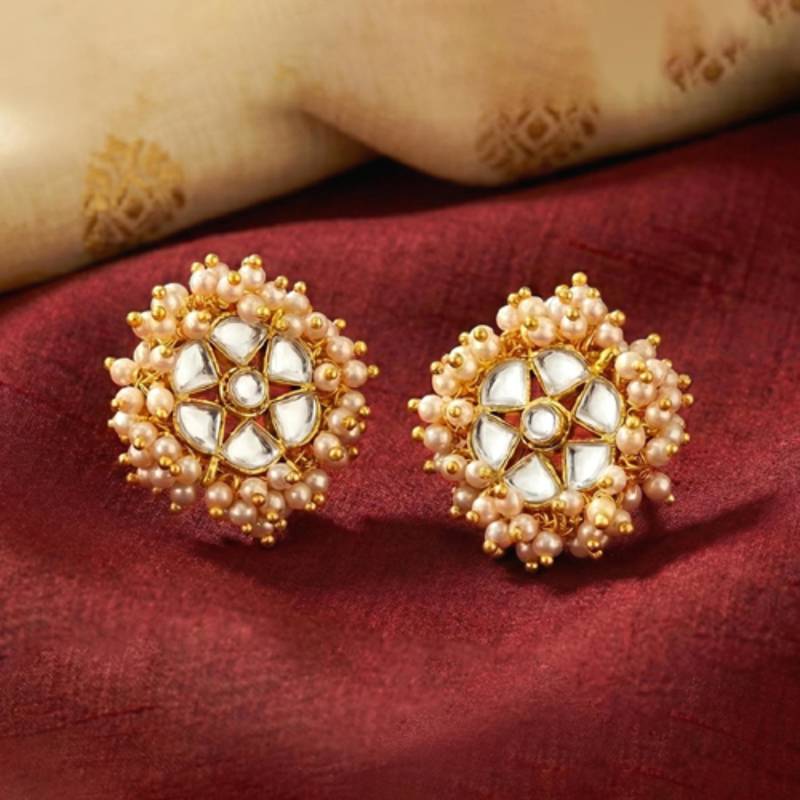 White lariya & kundan studded round stud earrings jewelry for women