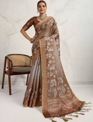 Brown floral sequinned tissue saree 2