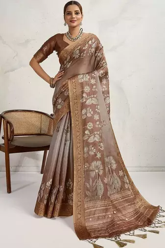 Brown floral sequinned tissue saree