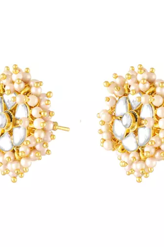 White lariya & kundan studded round stud earrings jewelry for women