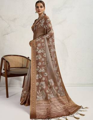 Brown floral sequinned tissue saree 3
