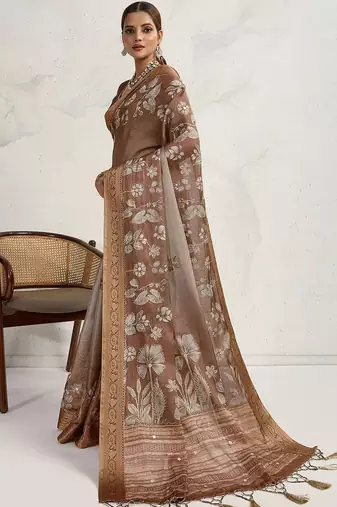 Brown floral sequinned tissue saree