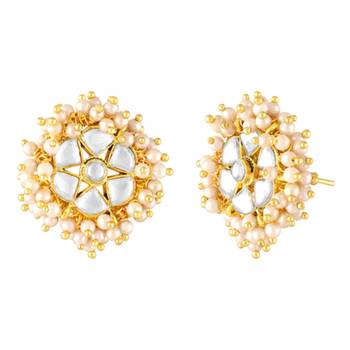 White lariya & kundan studded round stud earrings jewelry for women 3