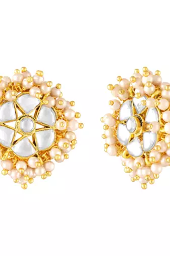 White lariya & kundan studded round stud earrings jewelry for women