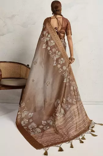 Brown floral sequinned tissue saree
