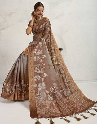 Brown floral sequinned tissue saree 5