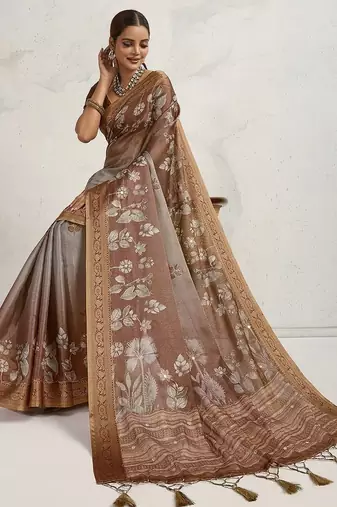 Brown floral sequinned tissue saree