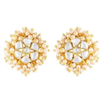 White lariya & kundan studded round stud earrings jewelry for women 4