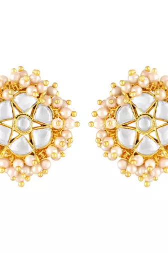 White lariya & kundan studded round stud earrings jewelry for women