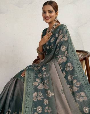 Teal floral printed sequinned tissue kanjeevaram saree 1