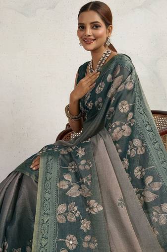 Teal floral printed sequinned tissue kanjeevaram saree