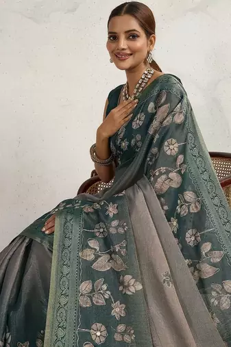 Teal floral printed sequinned tissue kanjeevaram saree