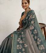 Teal floral printed sequinned tissue kanjeevaram saree