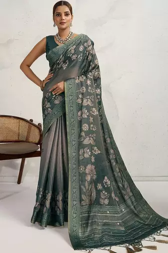 Teal floral printed sequinned tissue kanjeevaram saree