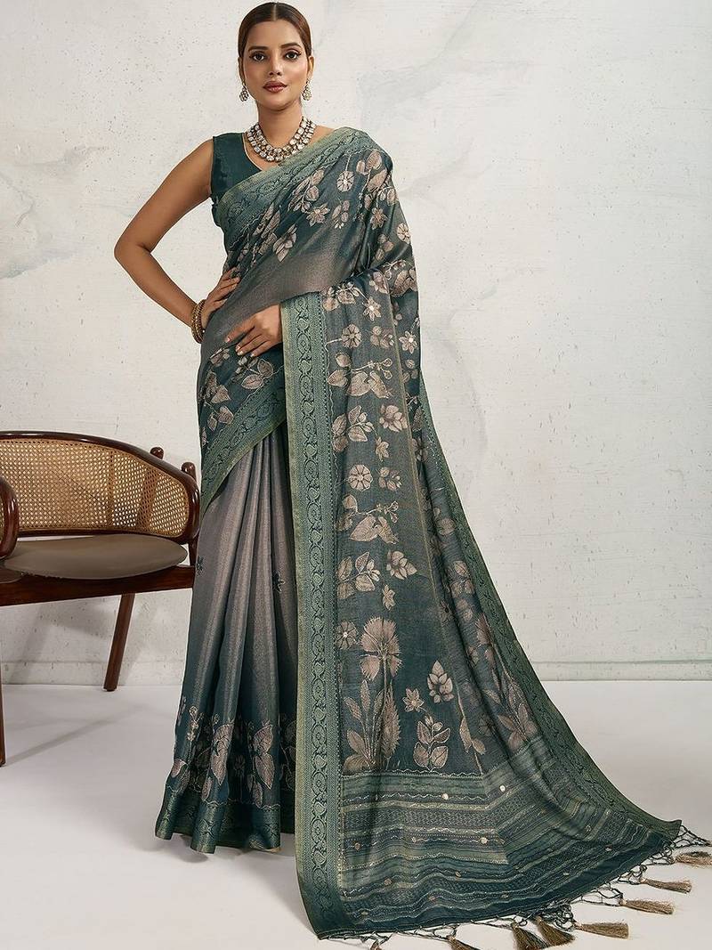 Teal floral printed sequinned tissue kanjeevaram saree