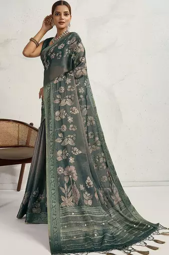 Teal floral printed sequinned tissue kanjeevaram saree