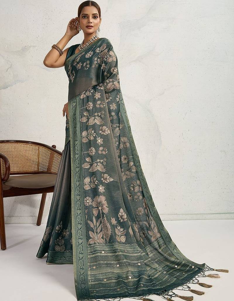 Teal floral printed sequinned tissue kanjeevaram saree