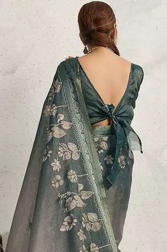 Teal floral printed sequinned tissue kanjeevaram saree