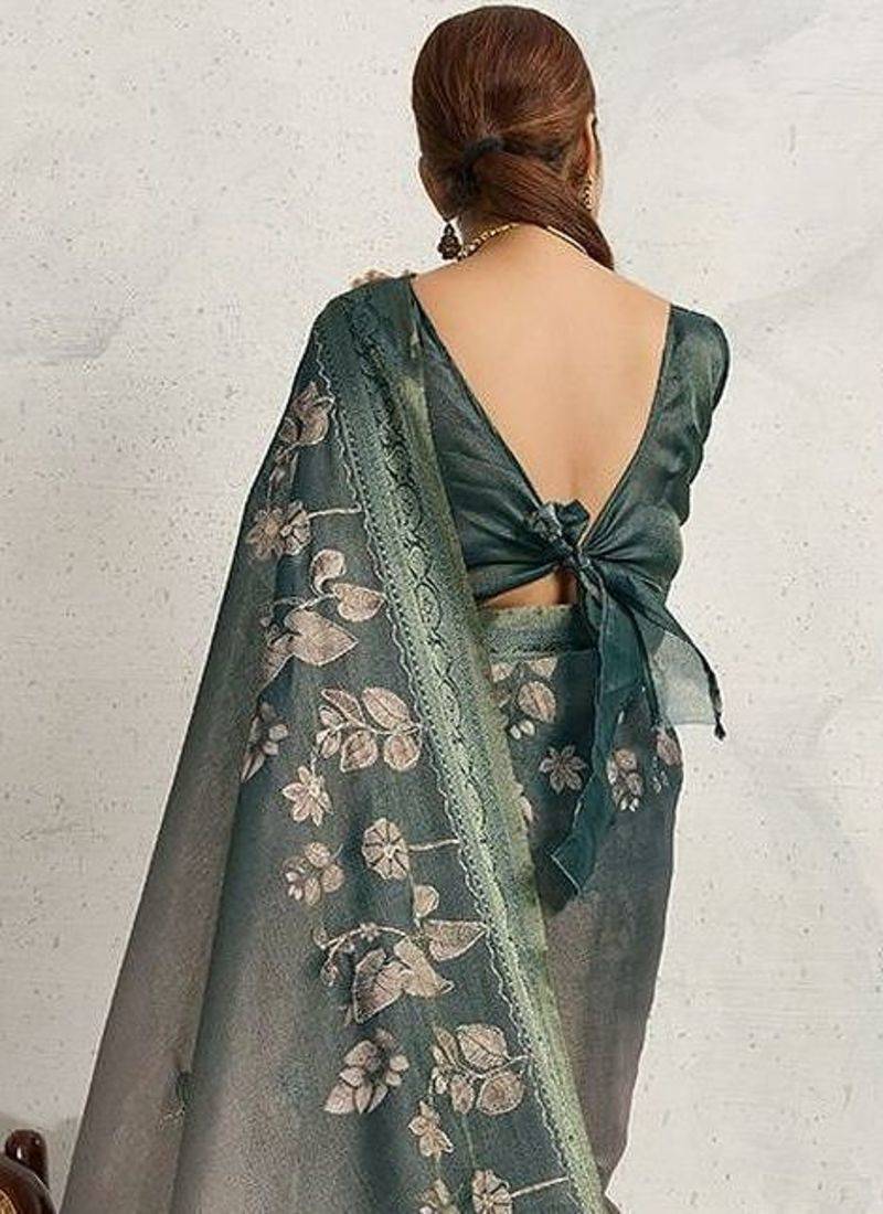 Teal floral printed sequinned tissue kanjeevaram saree