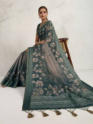 Teal floral printed sequinned tissue kanjeevaram saree 5