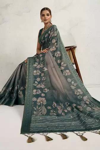 Teal floral printed sequinned tissue kanjeevaram saree