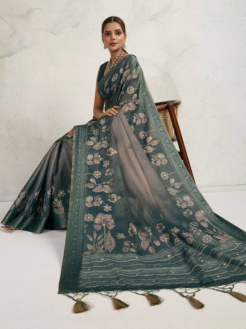 Teal floral printed sequinned tissue kanjeevaram saree