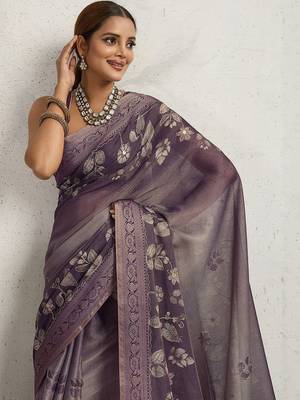 Purple floral printed zari border saree 1