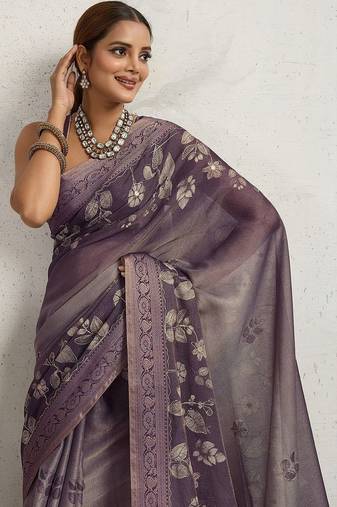 Purple floral printed zari border saree