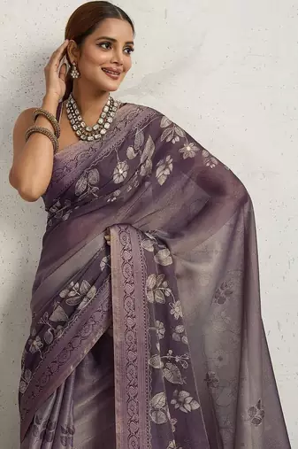 Purple floral printed zari border saree