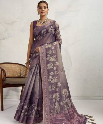 Purple floral printed zari border saree 2