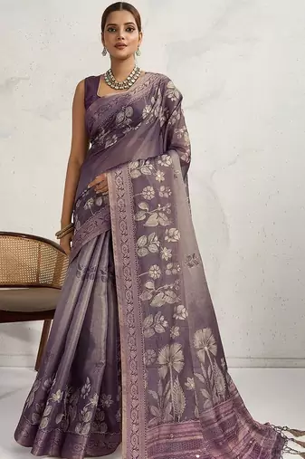 Purple floral printed zari border saree