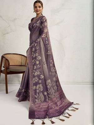 Purple floral printed zari border saree 3