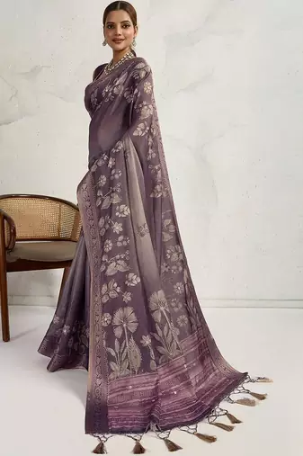 Purple floral printed zari border saree
