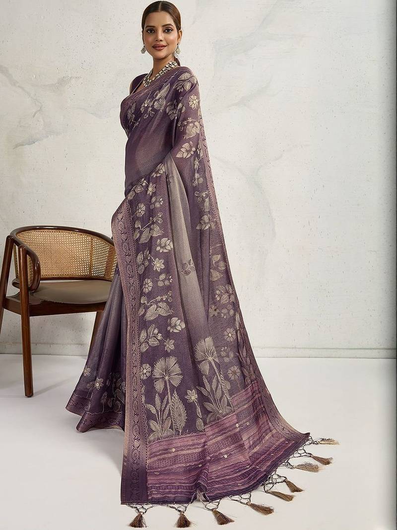 Purple floral printed zari border saree